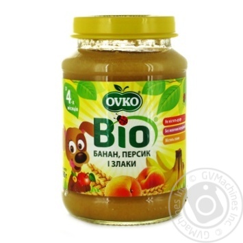 Пюре Ovko Bio банан персик і злаки 190г купити, ціни на МегаМаркет - фото 1