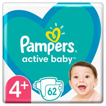 Підгузки Pampers Active Baby розмір 4+ Maxi 10-15кг 62шт - купити, ціни на МегаМаркет - фото 1