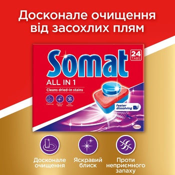 Таблетки Сомат Все в 1 для посудомийної машини 24шт купити від 227.00 ...