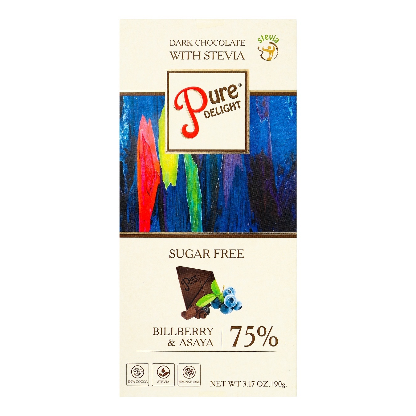 

Шоколад Pure Delight черный с голубикой и асаей без сахара 75% 90г