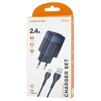 Зарядний пристрій Tornado TD-16 2USB 2,4A Type-C Black