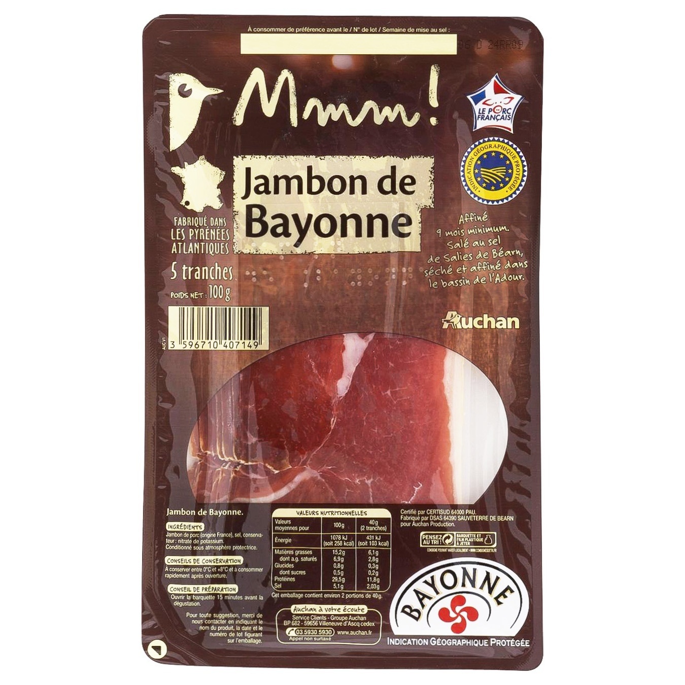 

Ветчина Ашан Ммм! Bayonne сыровяленая 5шт 100г