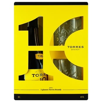 Бренди Torres 10 лет выдержки 0,7л + 2 стакана - купить, цены на Auchan - фото 1