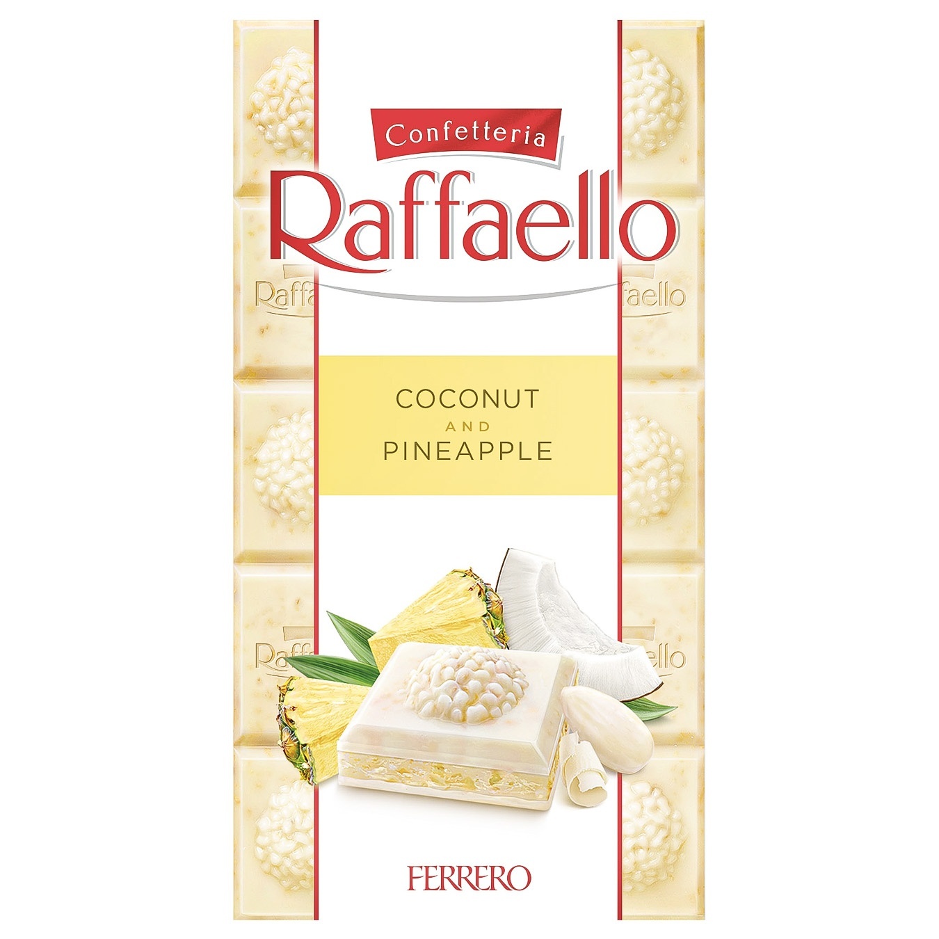 

Шоколад Raffaello белый со вкусом ананаса с добавлением кокосовой стружки и миндаля 90г