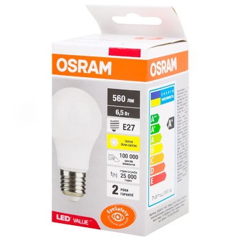 Лампочка Osram LED Value Classic A60 6,5W 560Lm 3000К E27 - купить, цены на Auchan - фото 1