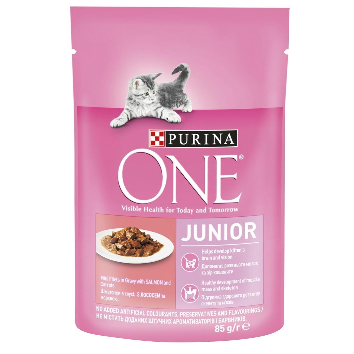 

Корм для котят Purina One С лососем и морковью в соусе 85г