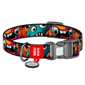 Waudog Nylon Dog Collar with QR Passport 23-35cm/15mm with Design of Toothy Monsters