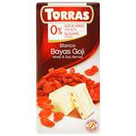 Шоколад Torras белый с ягодами годжи без сахара и глютена 75г