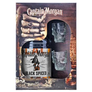 Ромовый напиток Captain Morgan Spiced Black 40% 1л + 2 рюмки - купить, цены на КОСМОС - фото 1