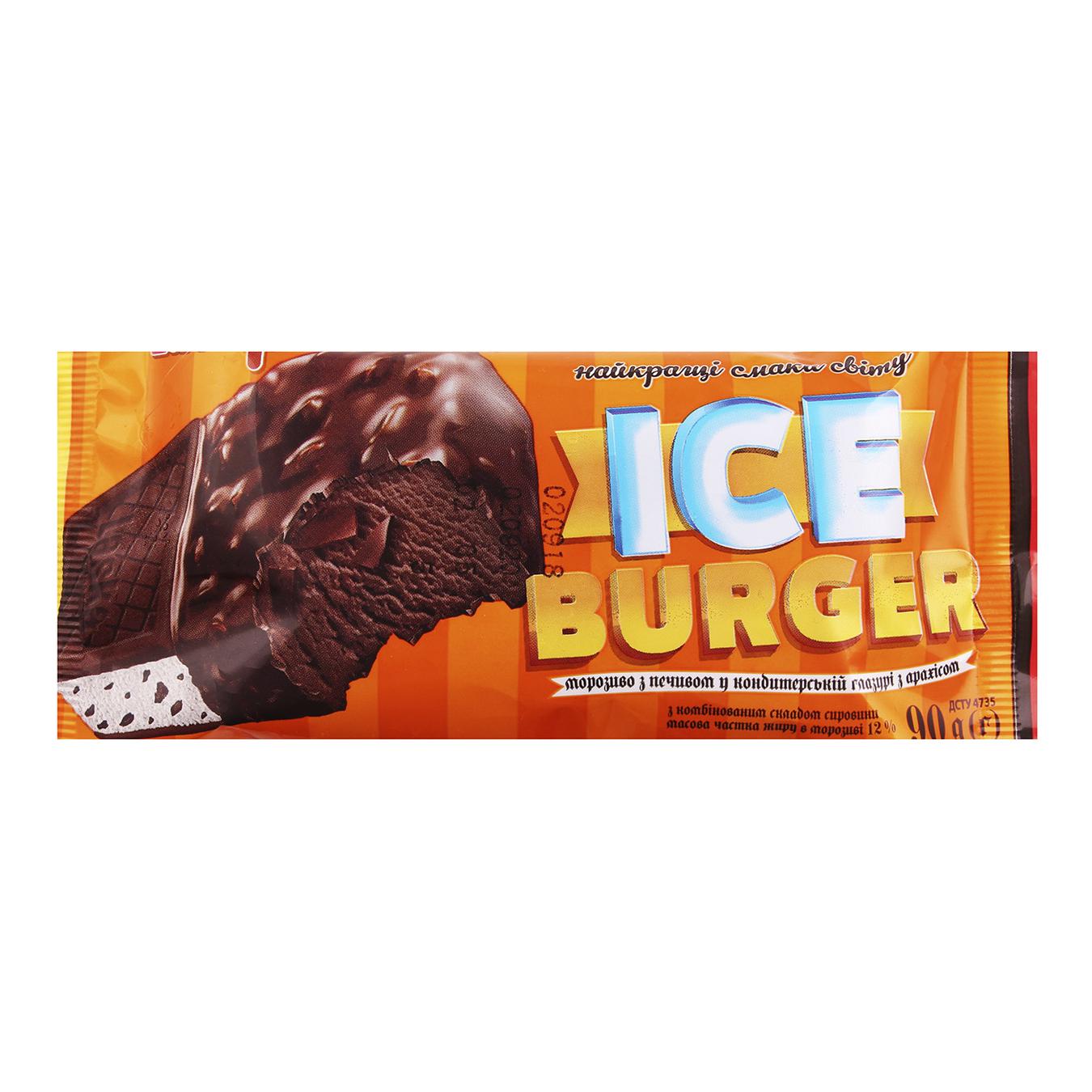 

Мороженое Laska Немецкий Ice Burger брикет с печеньем в кондитерской глазури с арахисом 90г