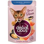 Delickcious Wet Food with Salmon and Mussels for Cats 85g