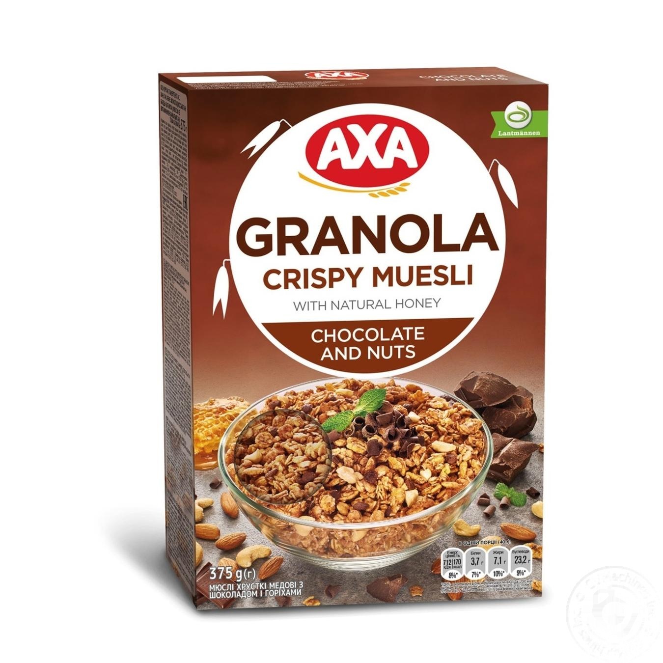 

Мюсли АХА Медовые с шоколадом и орехами 375г