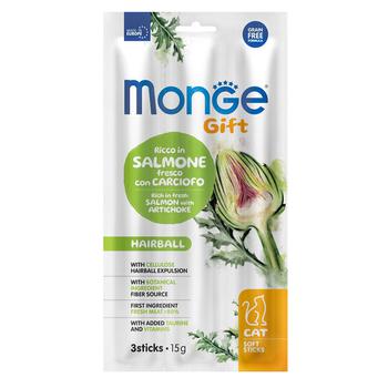 Лакомство для кошек Monge Gift с семгой и артишоком для выведения шерсти 15г - купить, цены на Таврия В - фото 1