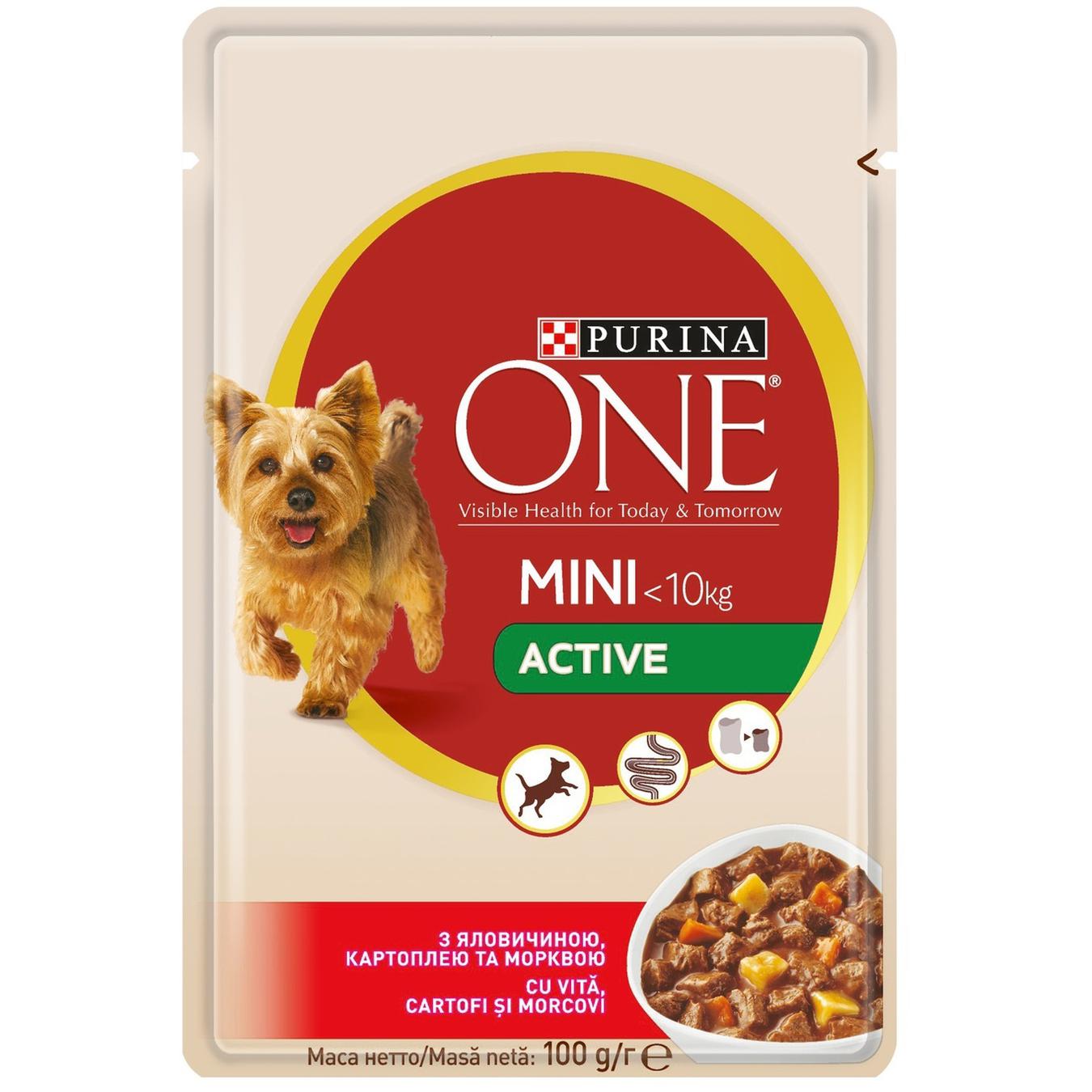 

Корм Purina ONE MINI С говядиной, картошкой и морковью в подливке для активных собак мелких пород 100г