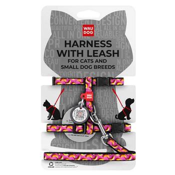 Waudog Harness with Leash for Cats and Dogs of Small Breeds with QR Passport XS 122cm/20mm, 20-30cm Neck, 25-40cm Breast with Bananas on Pink Design