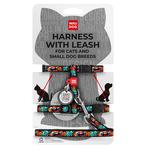 Шлея з повідцем для котів та собак дрібних порід Waudog з QR-паспортом XS 122см/20мм, шия 20-30см, груди 25-40см з малюнком зубасті монстри