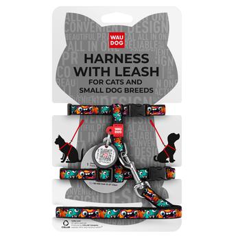 Waudog Harness with Leash for Cats and Dogs of Small Breeds with QR Passport XS 122cm/20mm, 20-30cm Neck, 25-40cm Breast with Design of Toothy Monsters