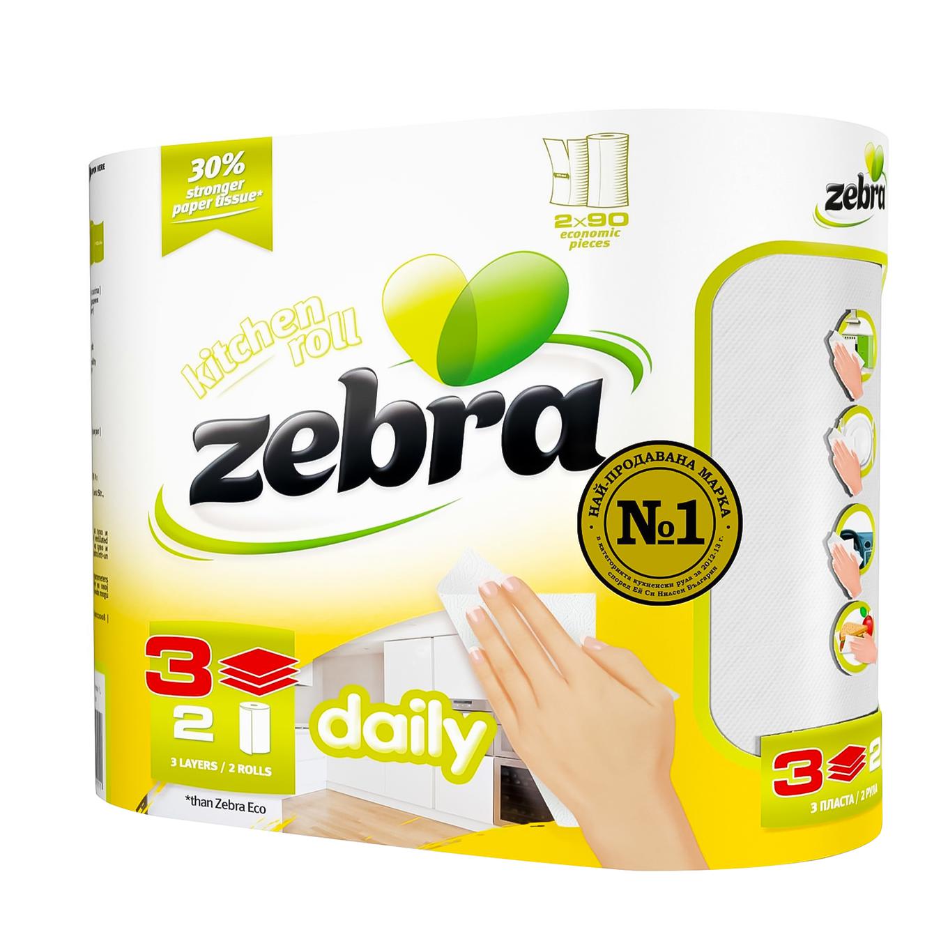 

Рушники папер. Zebra Daily 90 арк. 3-х шар. 2 шт. И111 (Болгарія)