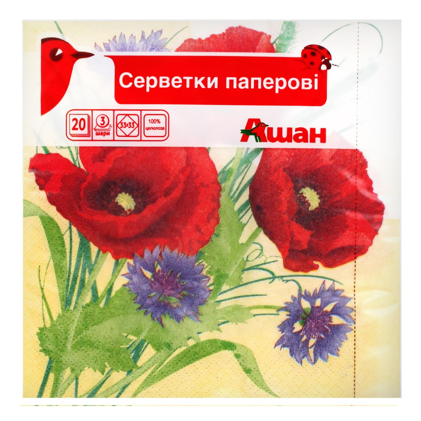 

Салфетки Ашан Цветы бумажные трехслойные 33х33см 20шт