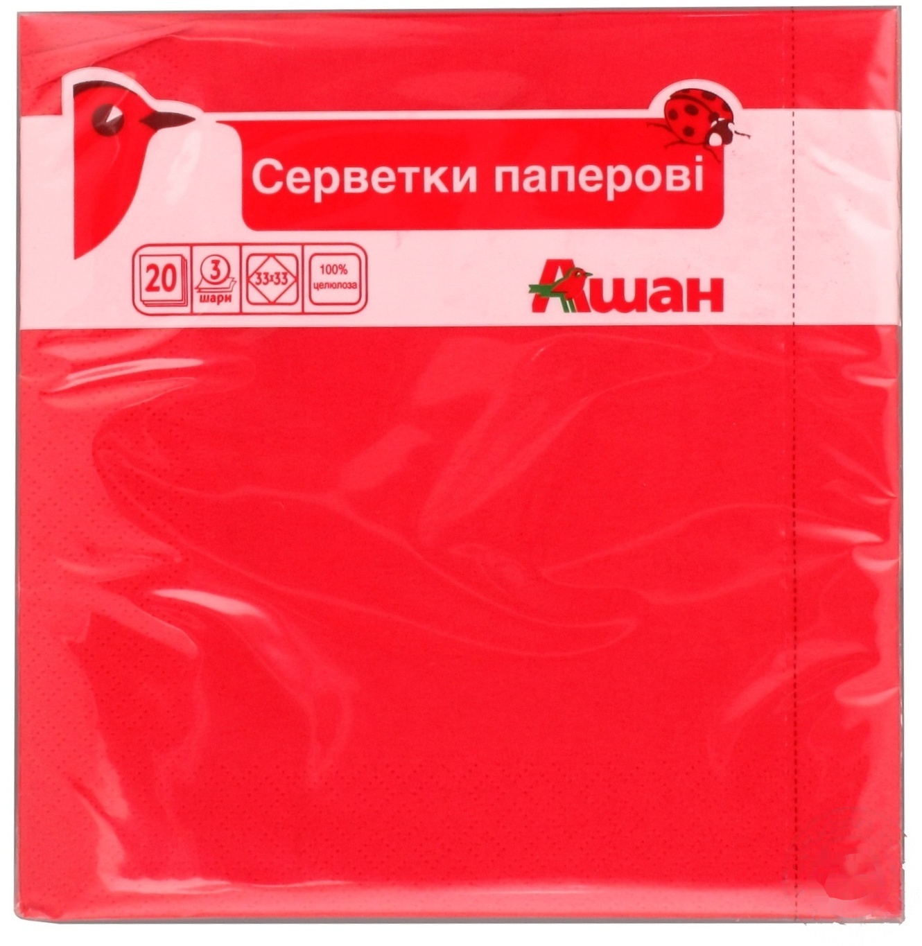 

Салфетки Ашан бумажные трехслойные красные 33*33см 20шт