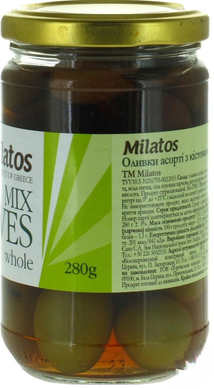 

Оливки Milatos асорти с косточками 280г