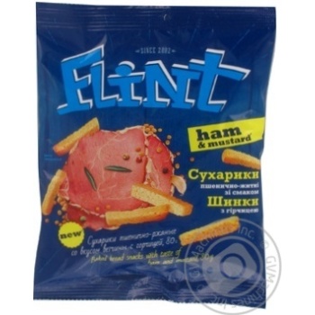 Сухарики Flint пшенично-житні зі смаком шинки з гірчицею 80г купити, ціни на МегаМаркет - фото 1