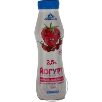 Yogurt Dobrynia raspberry-currant with fruit pieces 2.5% 300g plastic bottle Ukraine - buy, prices for NOVUS - photo 1