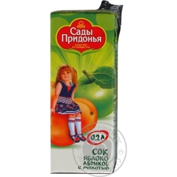 Freshly squeezed reconstituted sterilized homogenized sugar-free juice Sady Pridonia apples and apricot for 5+ months babies tetra pak 200ml Russia