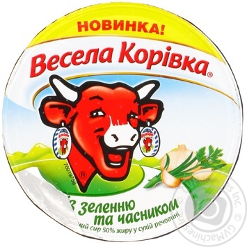 Сир Весела Корівка з зеленню та часником плавлений 50% 90г пластиковий стакан - купити, ціни на Чудо Маркет - фото 1