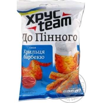 Сухарики ХрусTeam со вкусом куриных крылышек барбекю 70г купить, цены на МегаМаркет - фото 3