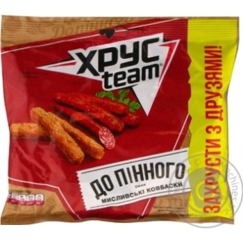 Сухарики ХрусTeam зі смаком мисливські ковбаски 110г купити, ціни на МегаМаркет - фото 1