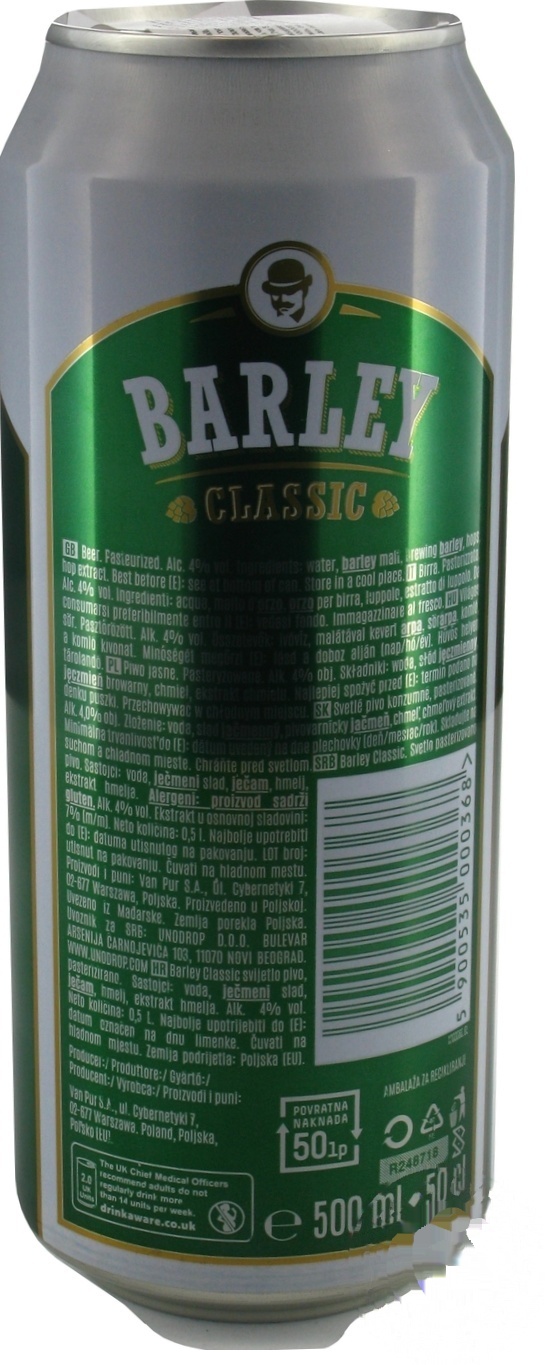 

Пиво Barley Classic светлое 4% 0,5л
